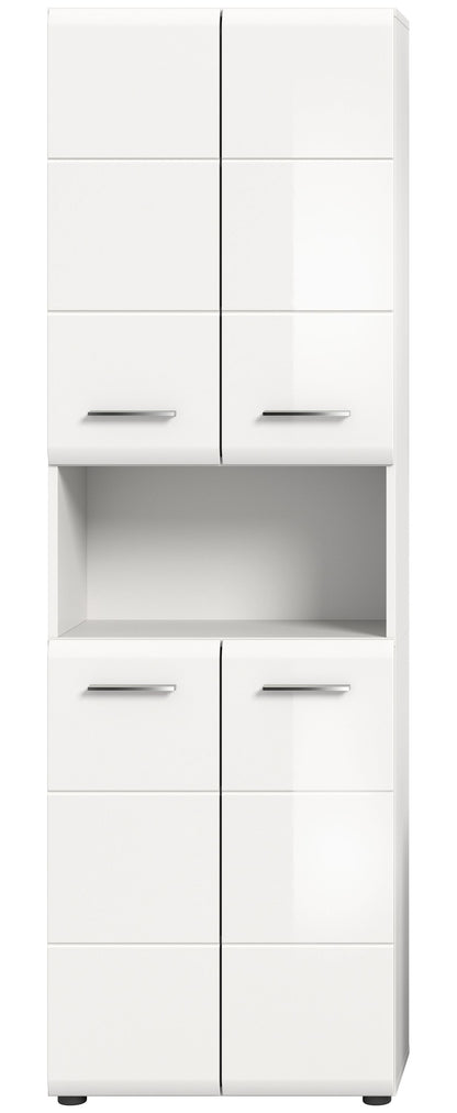 Badezimmerhochschrank mit offenen Fächern und zwei Türen, Schubladen mit Griffen, weiß.