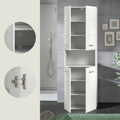Badezimmerhochschrank mit geöffneten Türen, sichtbaren Fachböden und Schubladen, weiß.