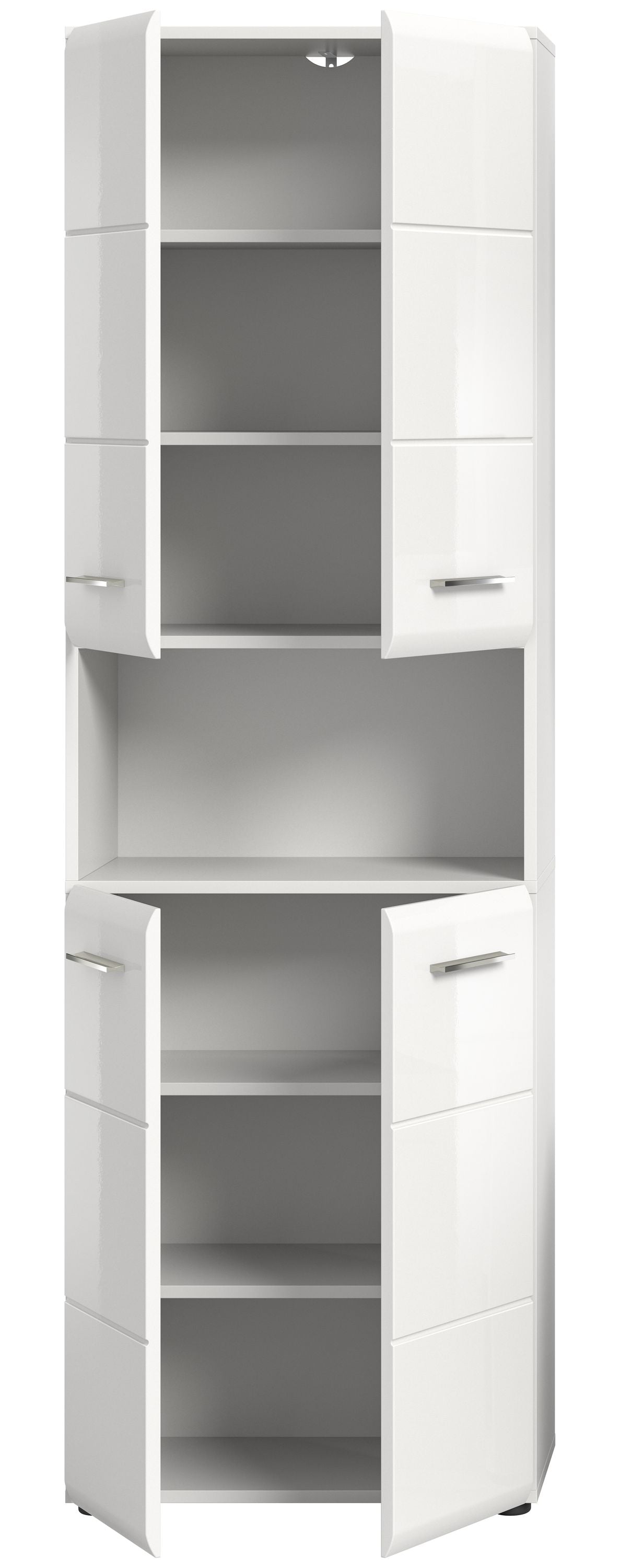 Aufgeklappter Badezimmerhochschrank mit offenen Innenfächern und zwei Seitentüren, weiß.