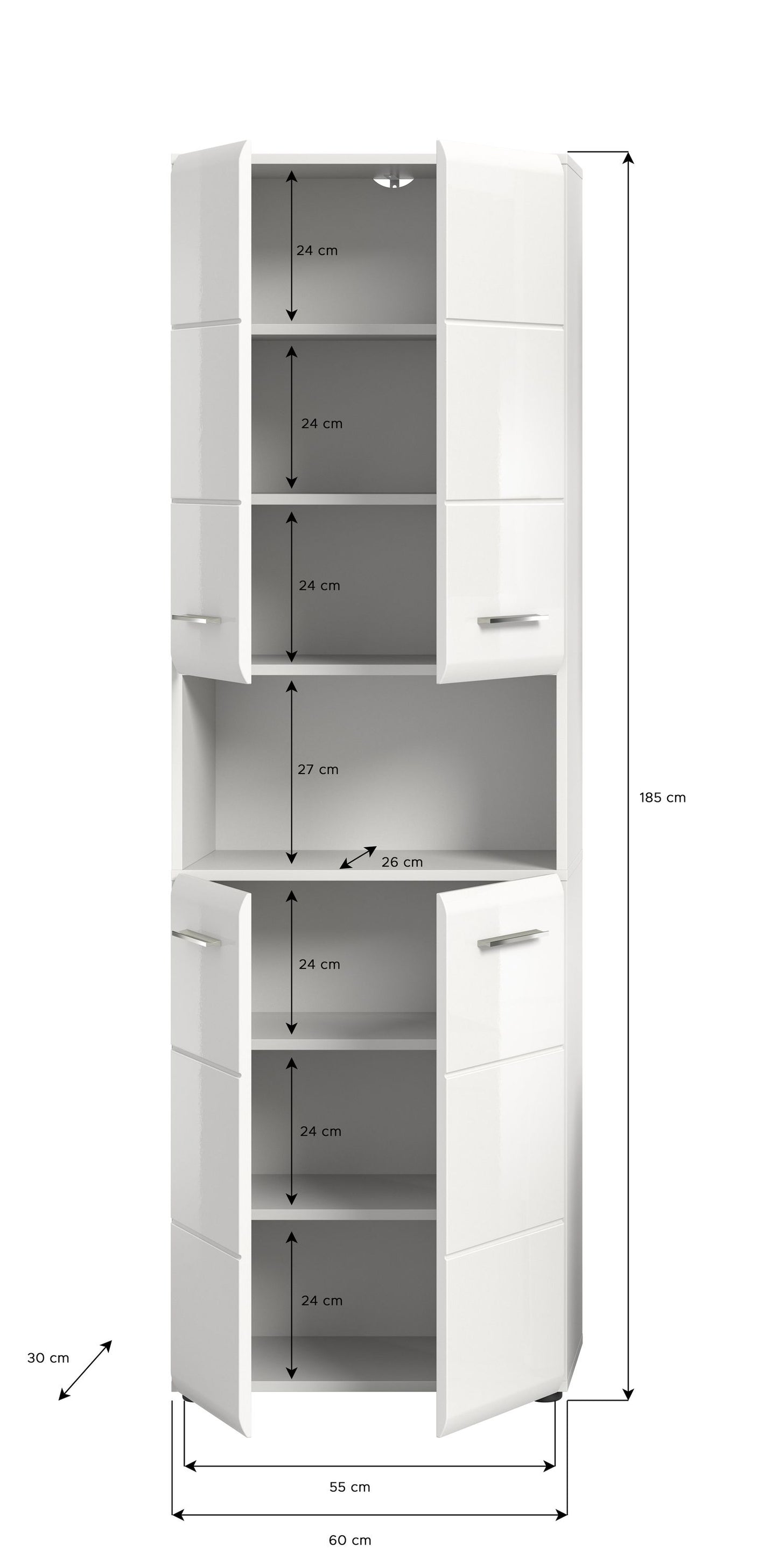 Badezimmerhochschrank breit, weiß, mit geöffnetem Fachbereich und Schubladen; Größenangaben.