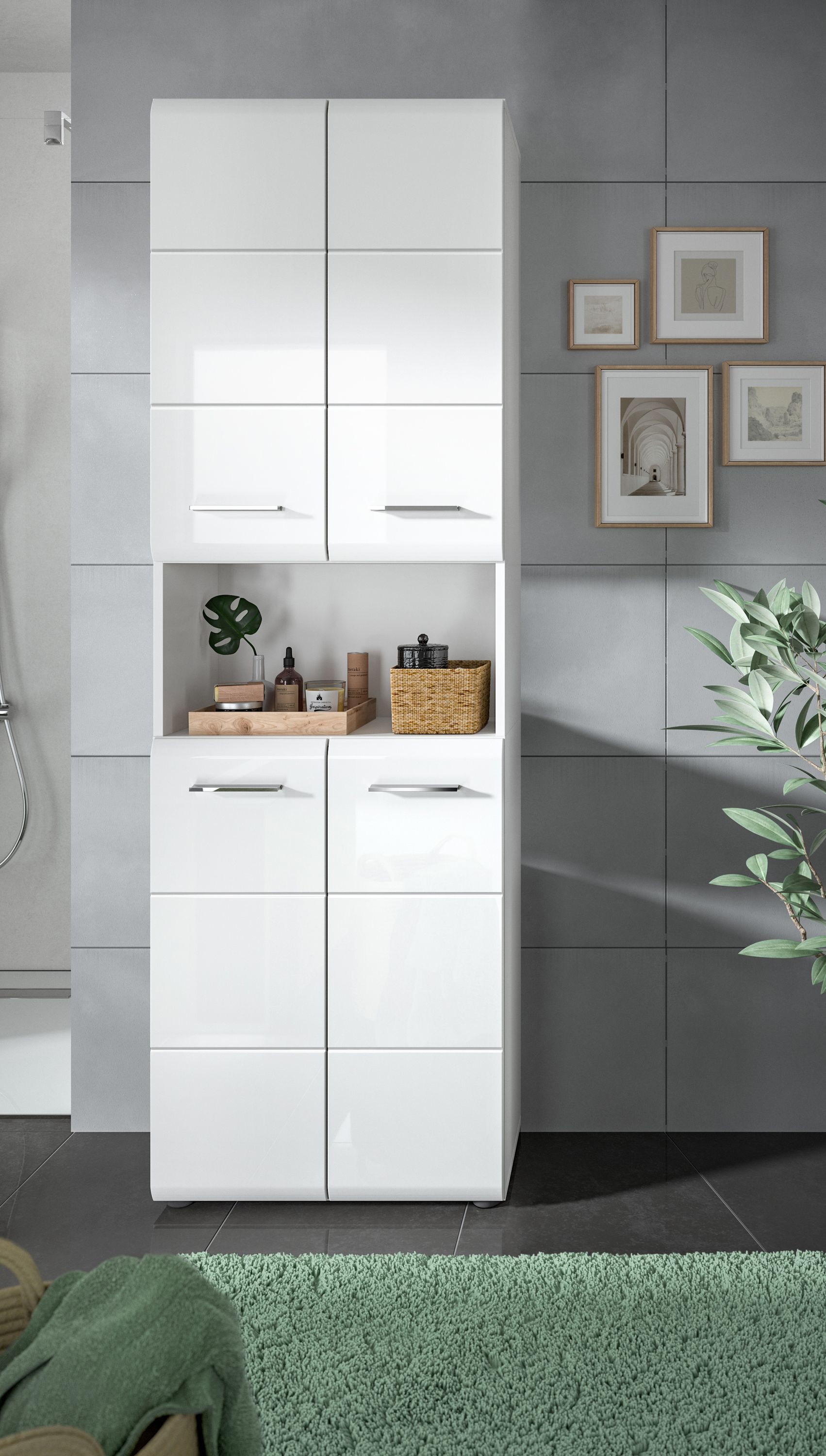 Badezimmerhochschrank breit mit zwei Türen, integrierten Schubladen und offenen Fächern, weiß.