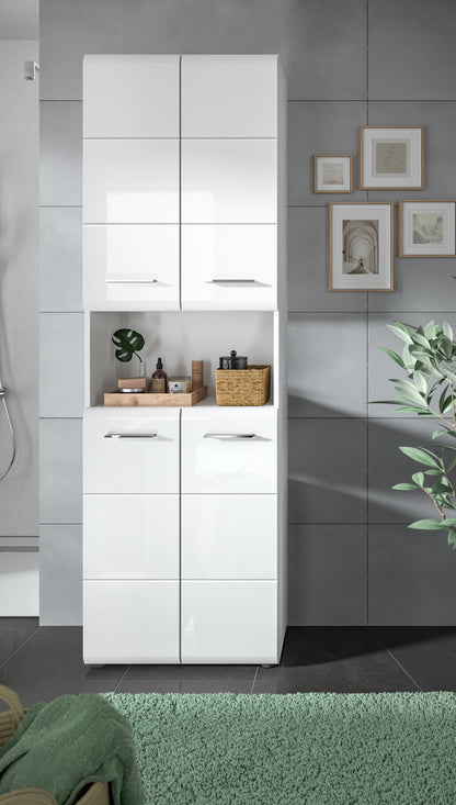 Badezimmerhochschrank breit mit zwei Türen, integrierten Schubladen und offenen Fächern, weiß.