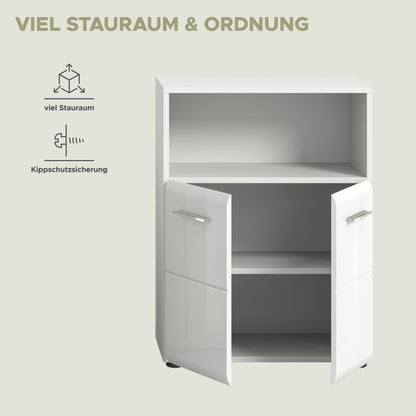 Weißer Badschrank mit offenem Fach und zwei Türen für geordneten Stauraum