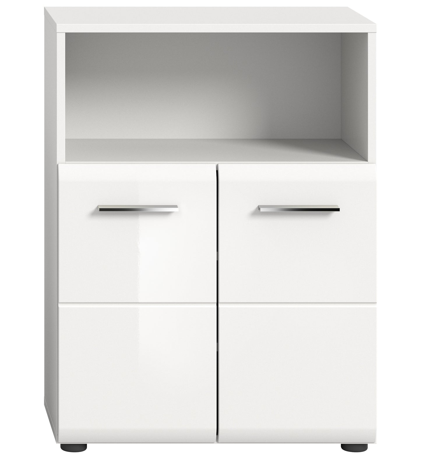 Weißer Badschrank mit zwei Türen und zwei Fächern, horizontale Griffleisten