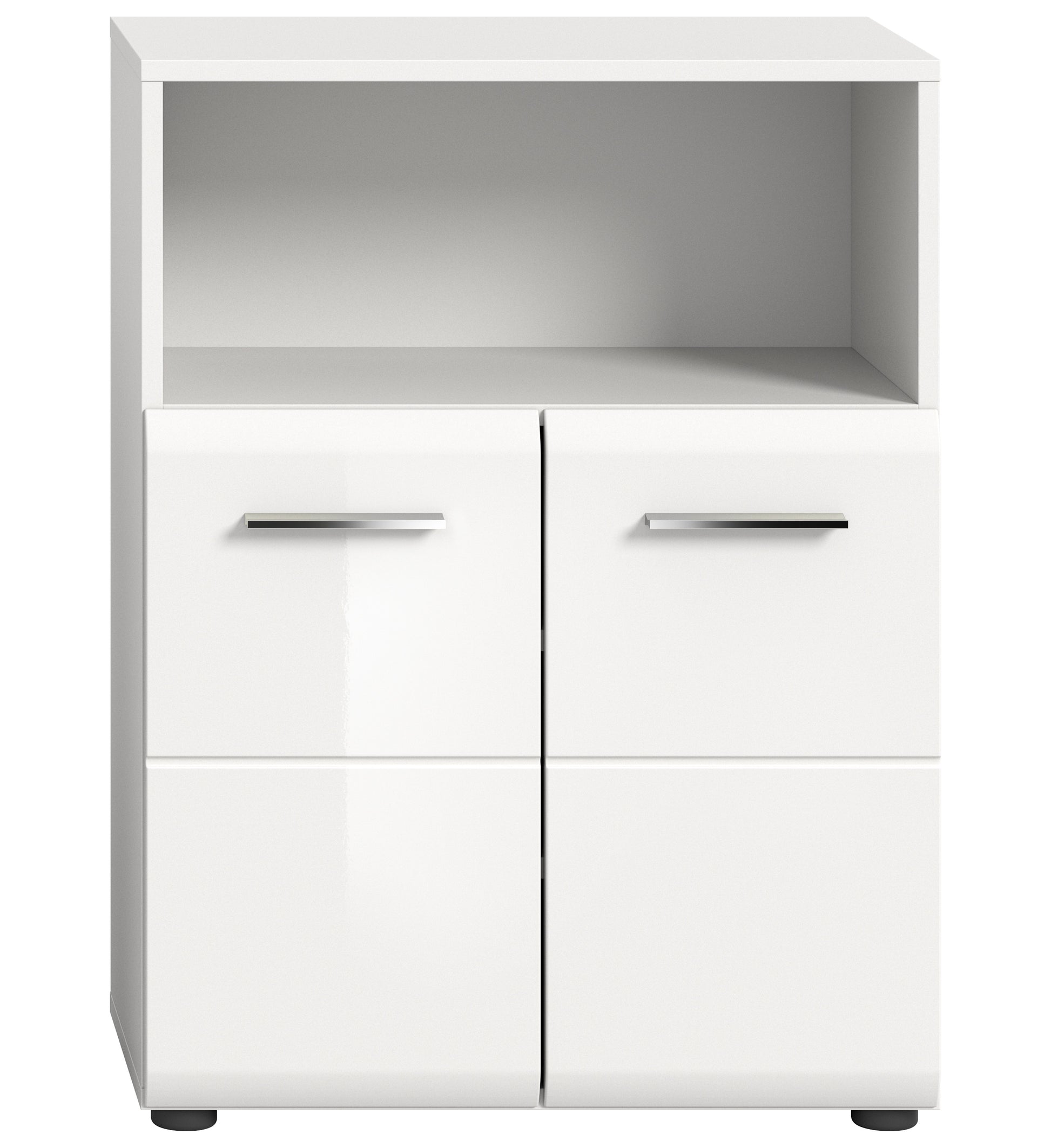 Weißer Badschrank mit zwei Türen und zwei Fächern, horizontale Griffleisten