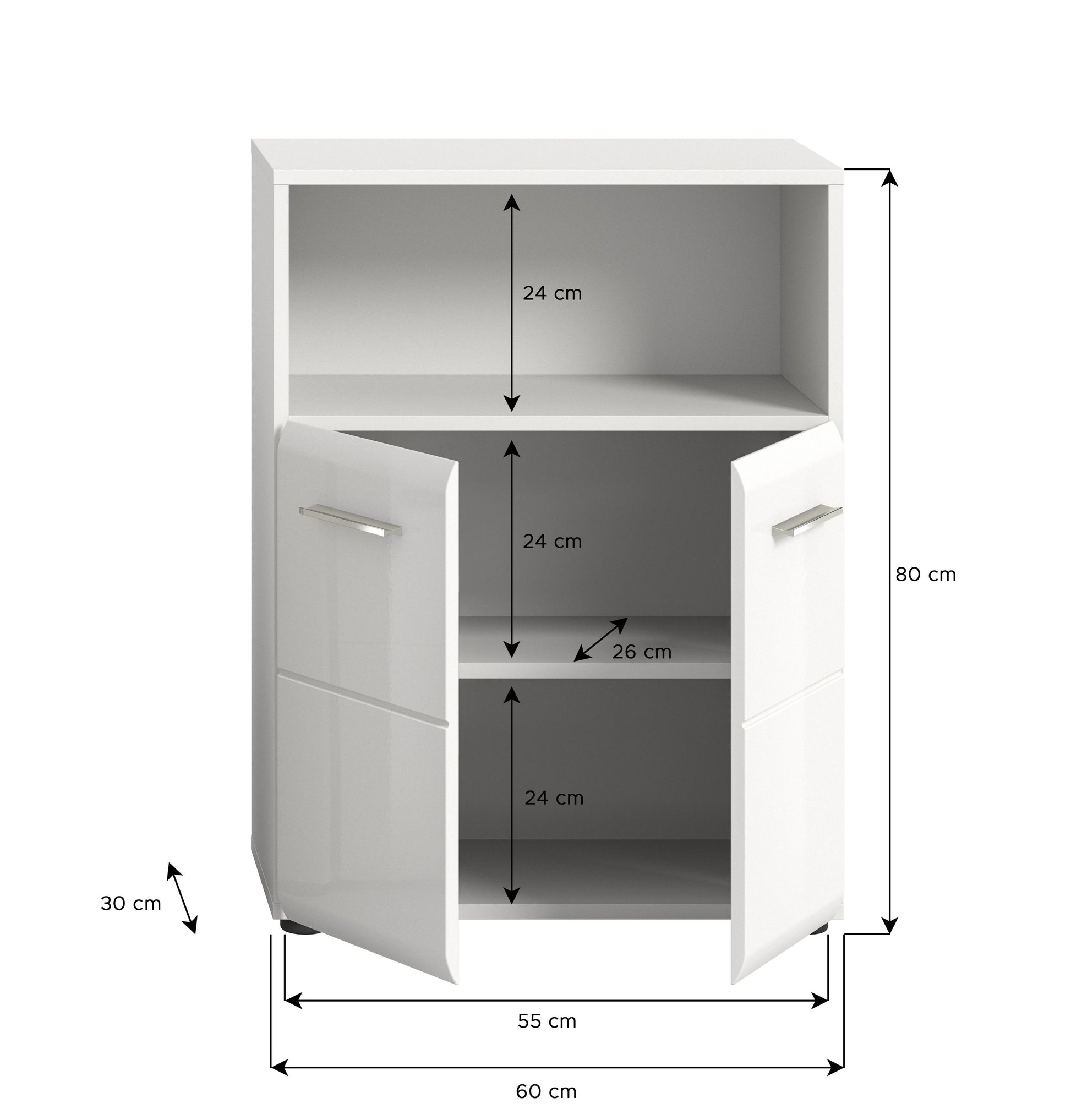 Weißer Badschrank im Standdesign mit offenem Fach und zwei Klapptüren