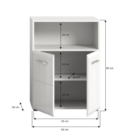 Weißer Badschrank im Standdesign mit offenem Fach und zwei Klapptüren