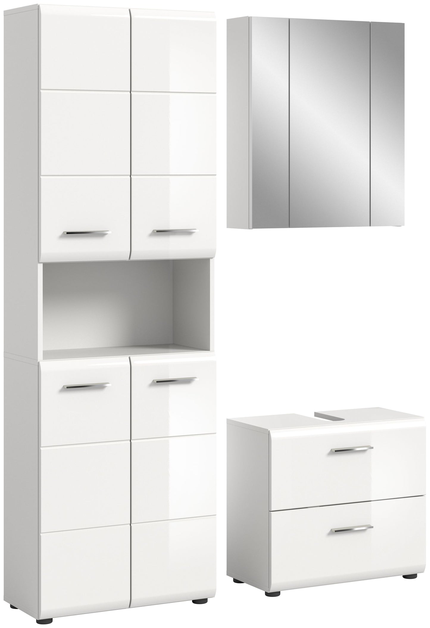 Weißes Badezimmer-Set mit Hochschrank, Spiegelschrank und Unterschrank mit 2 Schubladen