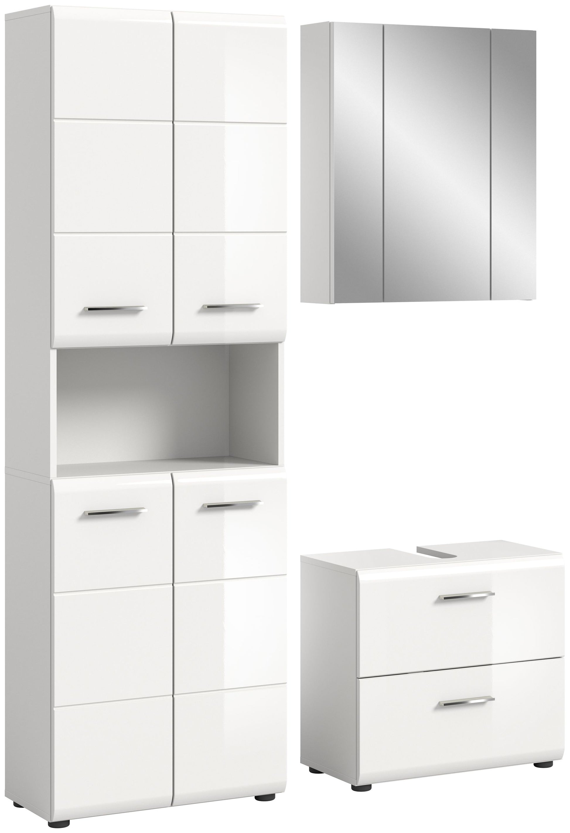 Weißes Badezimmer-Set mit Hochschrank, Spiegelschrank und Unterschrank mit 2 Schubladen