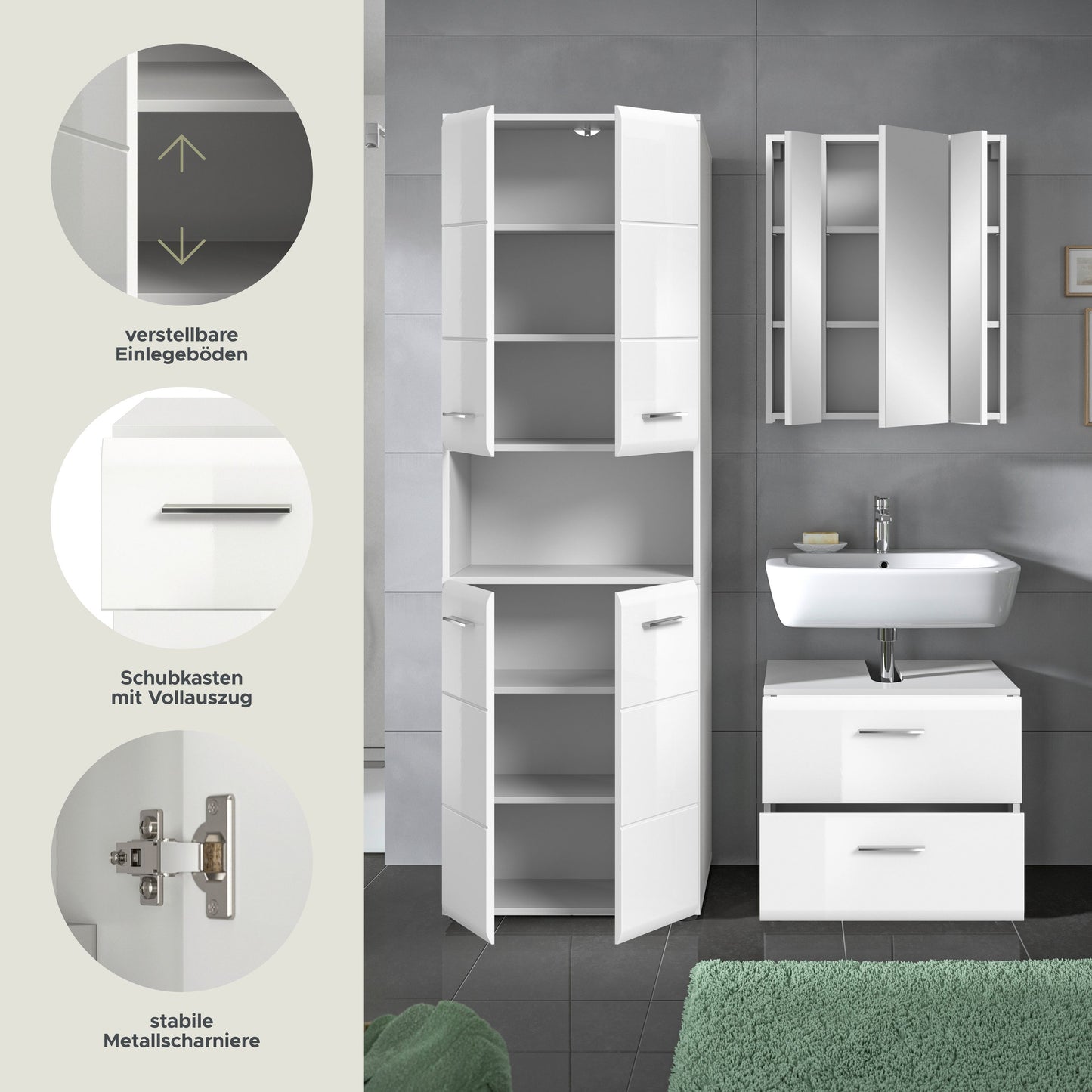 Badezimmer-Set mit geöffneten Fächern: Hochschrank, Spiegelschrank und Waschtischunterschrank