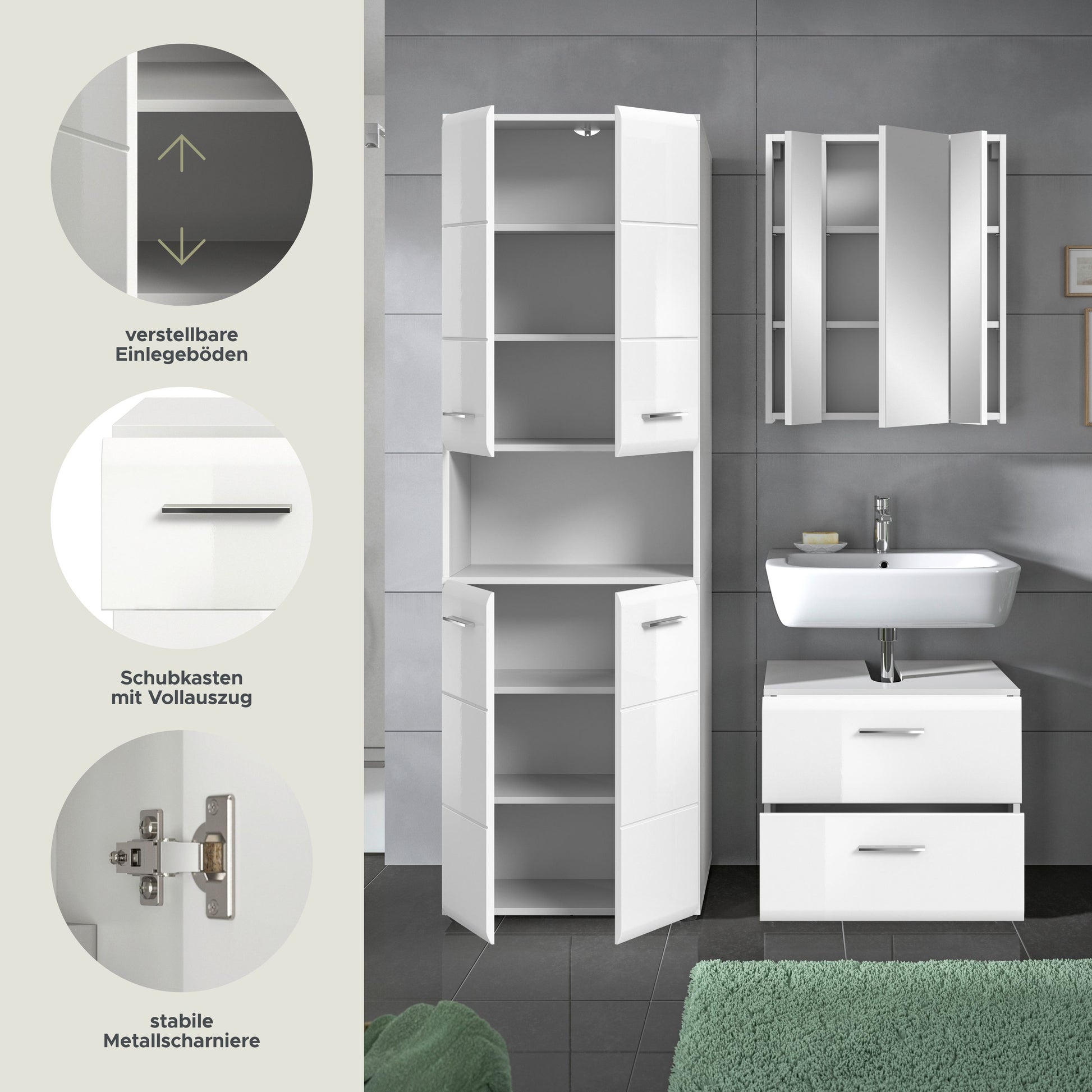 Badezimmer-Set mit geöffneten Fächern: Hochschrank, Spiegelschrank und Waschtischunterschrank