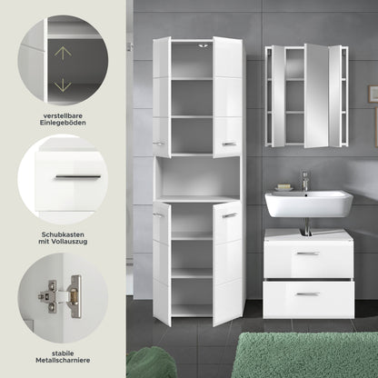 Badezimmer-Set mit geöffneten Fächern: Hochschrank, Spiegelschrank und Waschtischunterschrank