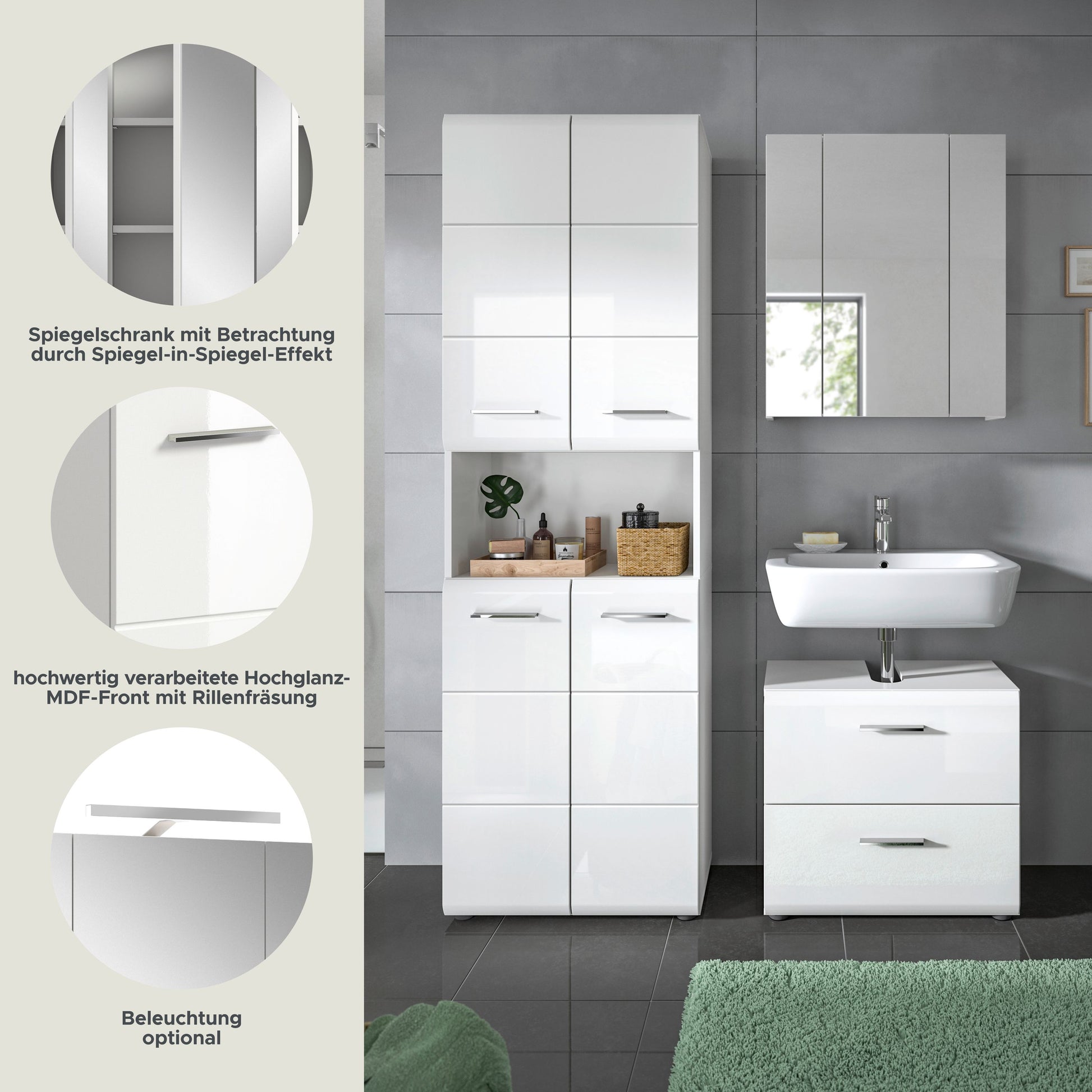Badezimmer-Set im Bad: Hochschrank, Spiegelschrank und Waschtischunterschrank