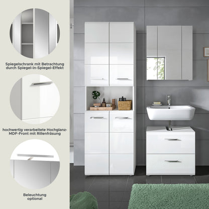 Badezimmer-Set im Bad: Hochschrank, Spiegelschrank und Waschtischunterschrank