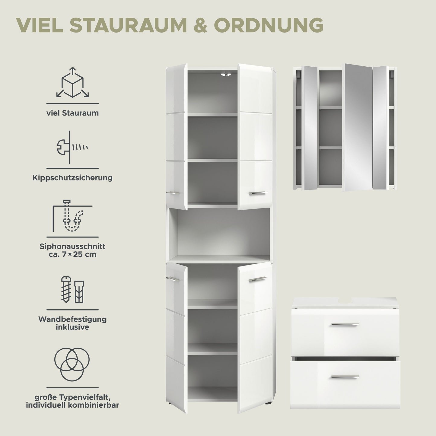 Badezimmer-Set: Hochschrank, Spiegelschrank und Waschtischunterschrank in Gesamtansicht