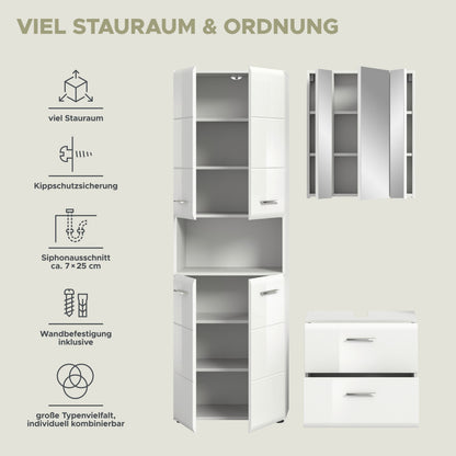 Badezimmer-Set: Hochschrank, Spiegelschrank und Waschtischunterschrank in Gesamtansicht