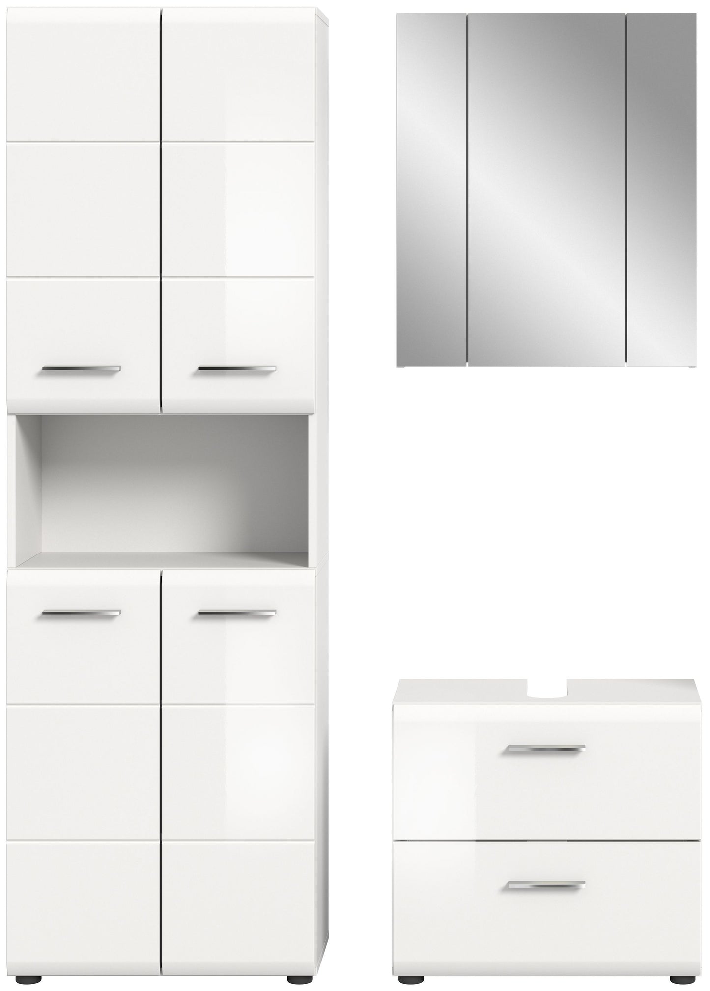 Weißes Badezimmer-Set mit Hochschrank mit Türen und Fach, Spiegelschrank und Unterschrank