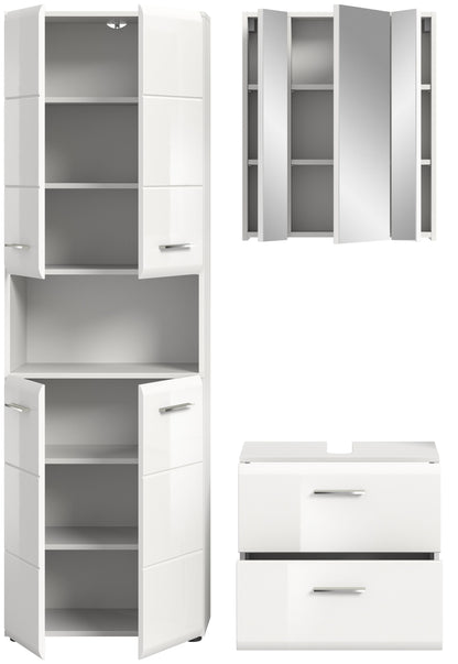 Weißes Badezimmer-Set: Hochschrank mit offenem Innenfach, Spiegelschrank und Unterschrank
