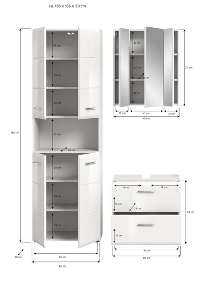 Badezimmer-Set in Maßansicht: Hochschrank, Spiegelschrank und Waschtischunterschrank