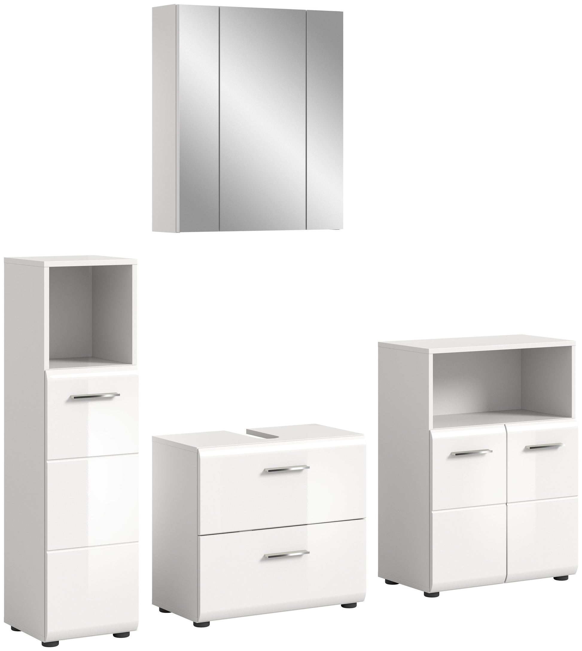 Weißes 4-teiliges Badmöbel-Set mit Spiegelschrank, Waschbecken-Unterschrank und Hochschrank