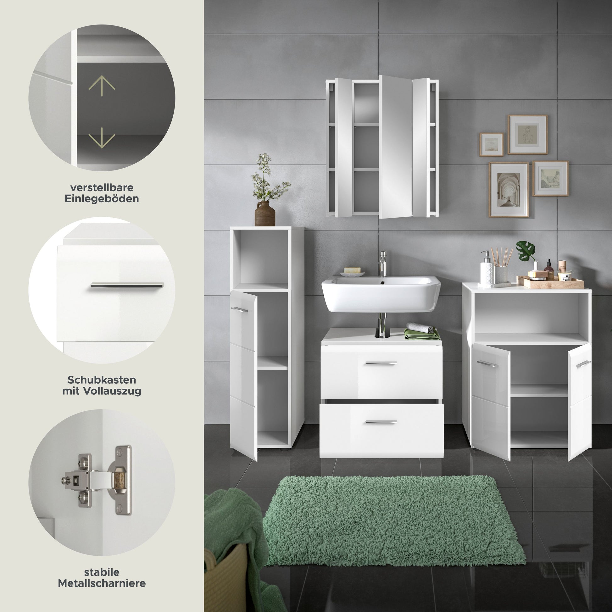 Weißes Badezimmermöbel-Set mit Spiegelschrank, Waschtisch-Schrank, Hochschrank und offenen Fächern