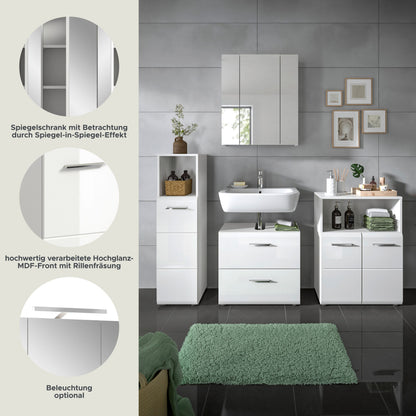 Weißes Badmöbel-Set mit Spiegelschrank, Waschtisch-Kommode und Hochschrank
