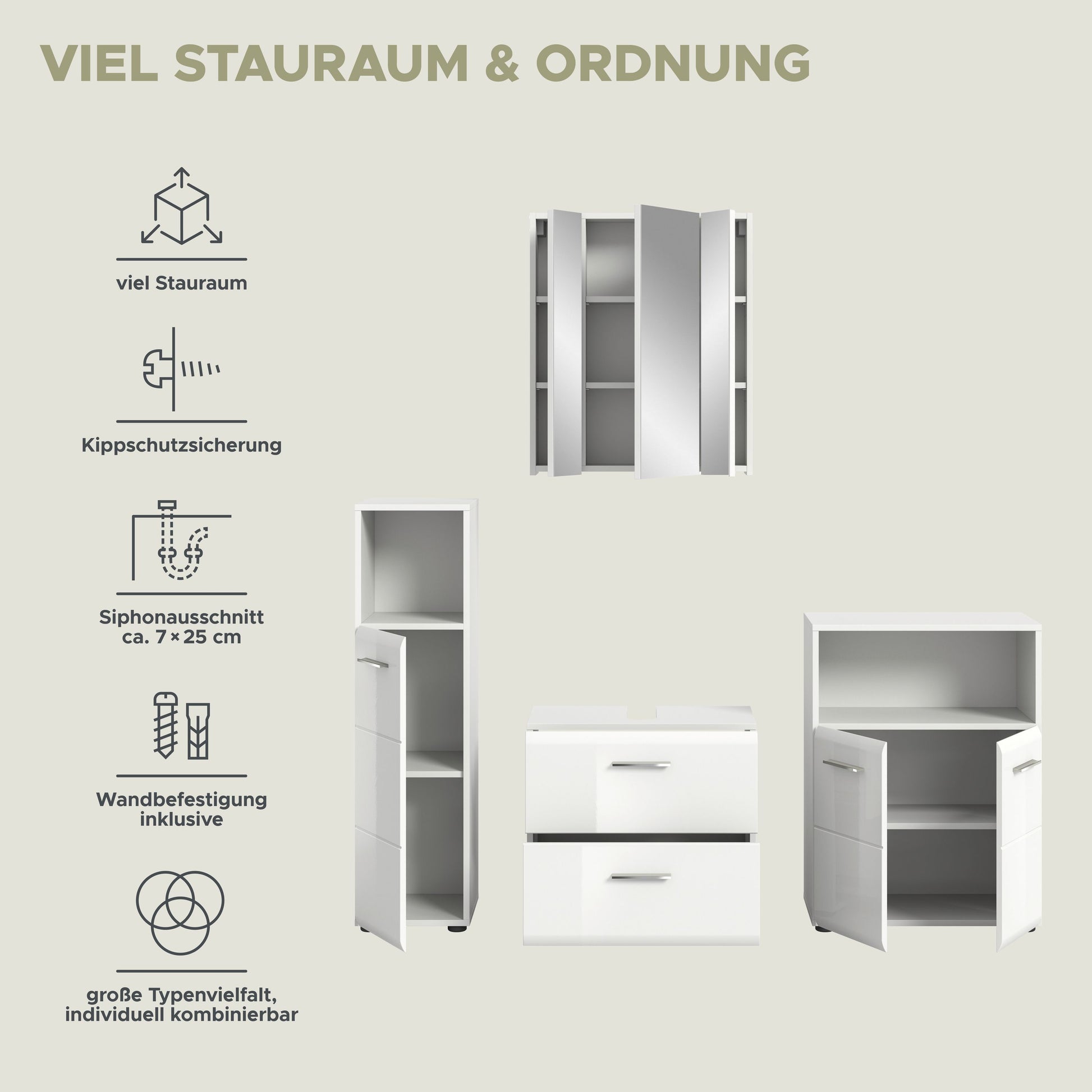 Badmöbel-Set 4-teilig in Weiß mit Spiegelschrank, Hochschrank und Unterschrank
