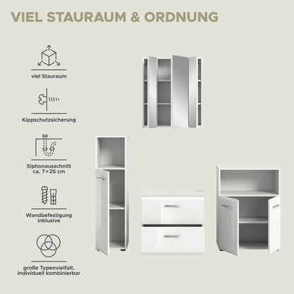 Badmöbel-Set 4-teilig in Weiß mit Spiegelschrank, Hochschrank und Unterschrank