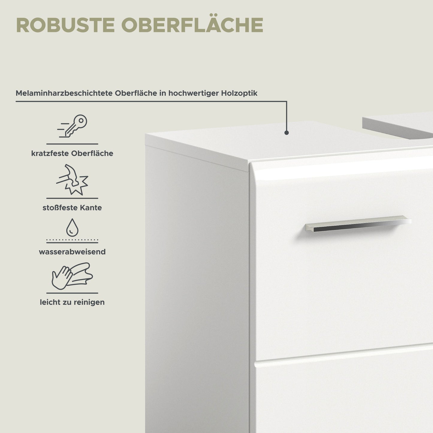 Weißes Badmöbel mit Melaminoberfläche, schmaler Griffleiste und pflegeleichter Kantenoptik