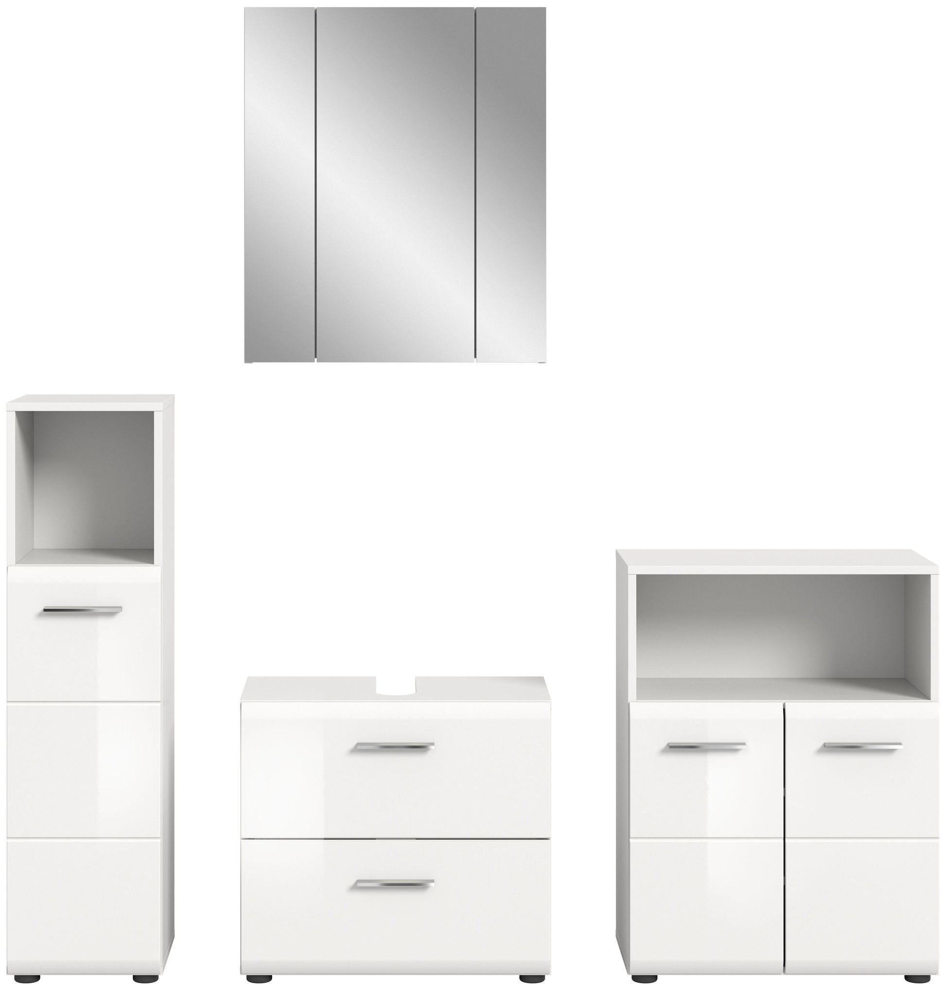 Weißes Badmöbel-Set mit Spiegelschrank, Waschtischunterschrank und Hochschrank