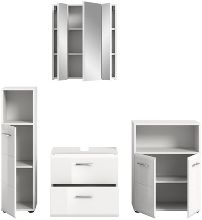 Weißes Badmöbel-Set mit offenem Hochschrank, Waschbecken-Unterschrank und Schrank mit Türen