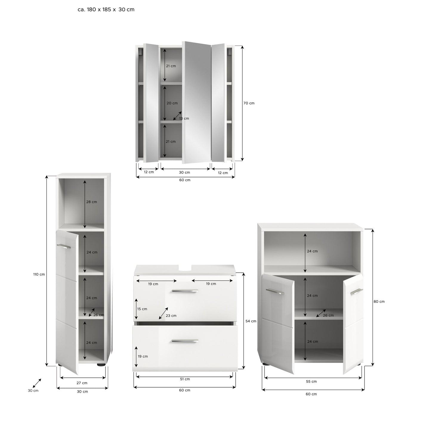 Badmöbel-Set in Weiß mit Maßen: Spiegelschrank, Hochschrank, Waschtischunterschrank und Sideboard