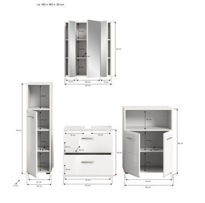 Badmöbel-Set in Weiß mit Maßen: Spiegelschrank, Hochschrank, Waschtischunterschrank und Sideboard