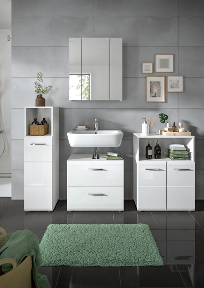 Badmöbel-Set in Weiß mit Spiegelschrank, Waschtisch-Unterschrank, Schränken und Regalfach