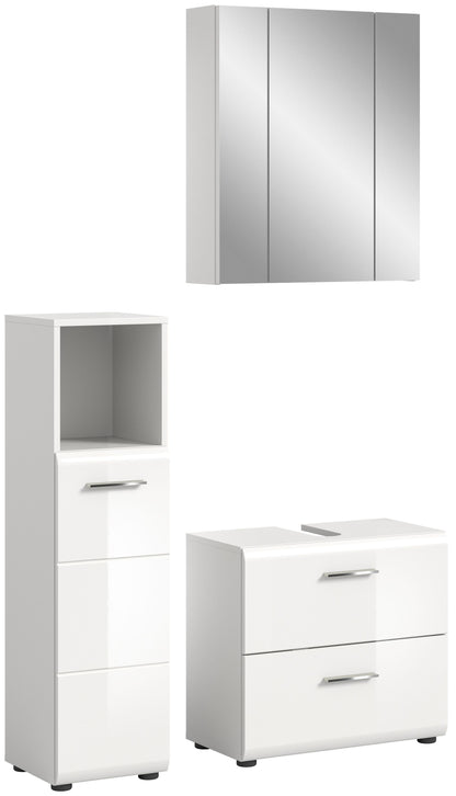 Badmöbel-Set mit Spiegelschrank, Hochschrank und Waschtischunterschrank in Weiß/Grau, 3-teilig