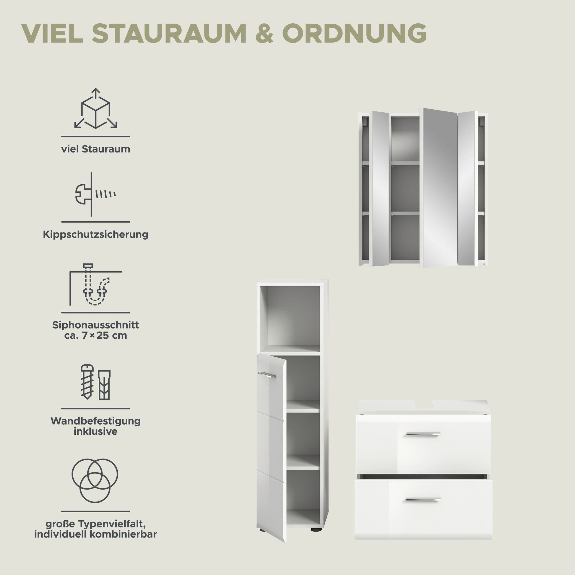 Badmöbel-Set mit Spiegelschrank: Ansicht von Hochschrank und Waschtischunterschrank