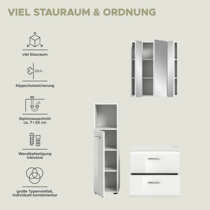Badmöbel-Set mit Spiegelschrank: Ansicht von Hochschrank und Waschtischunterschrank