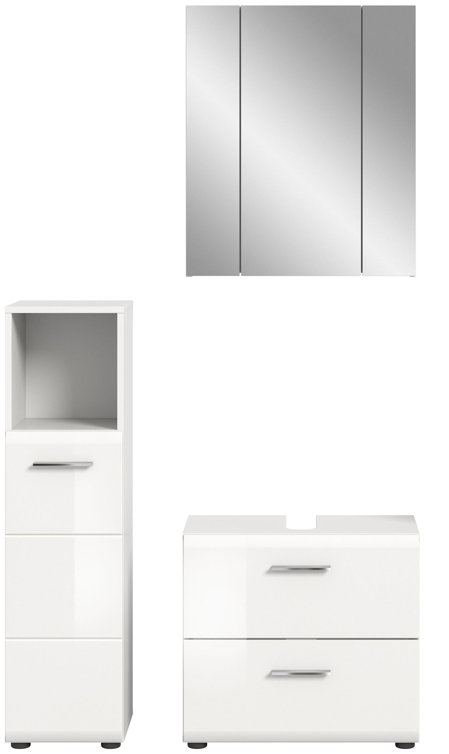 Badmöbel-Set in Weiß: Spiegelschrank, Hochschrank und Waschtischunterschrank mit zwei Schubfächern