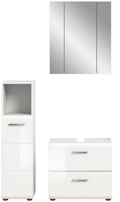 Badmöbel-Set in Weiß: Spiegelschrank, Hochschrank und Waschtischunterschrank mit zwei Schubfächern