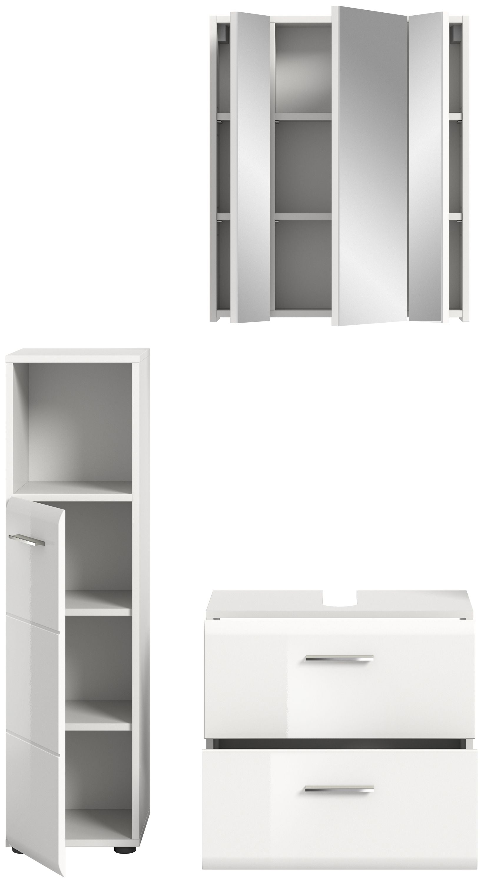 Badmöbel-Set in Weiß: Spiegelschrank, Hochschrank mit offenen Fächern und Waschtischunterschrank