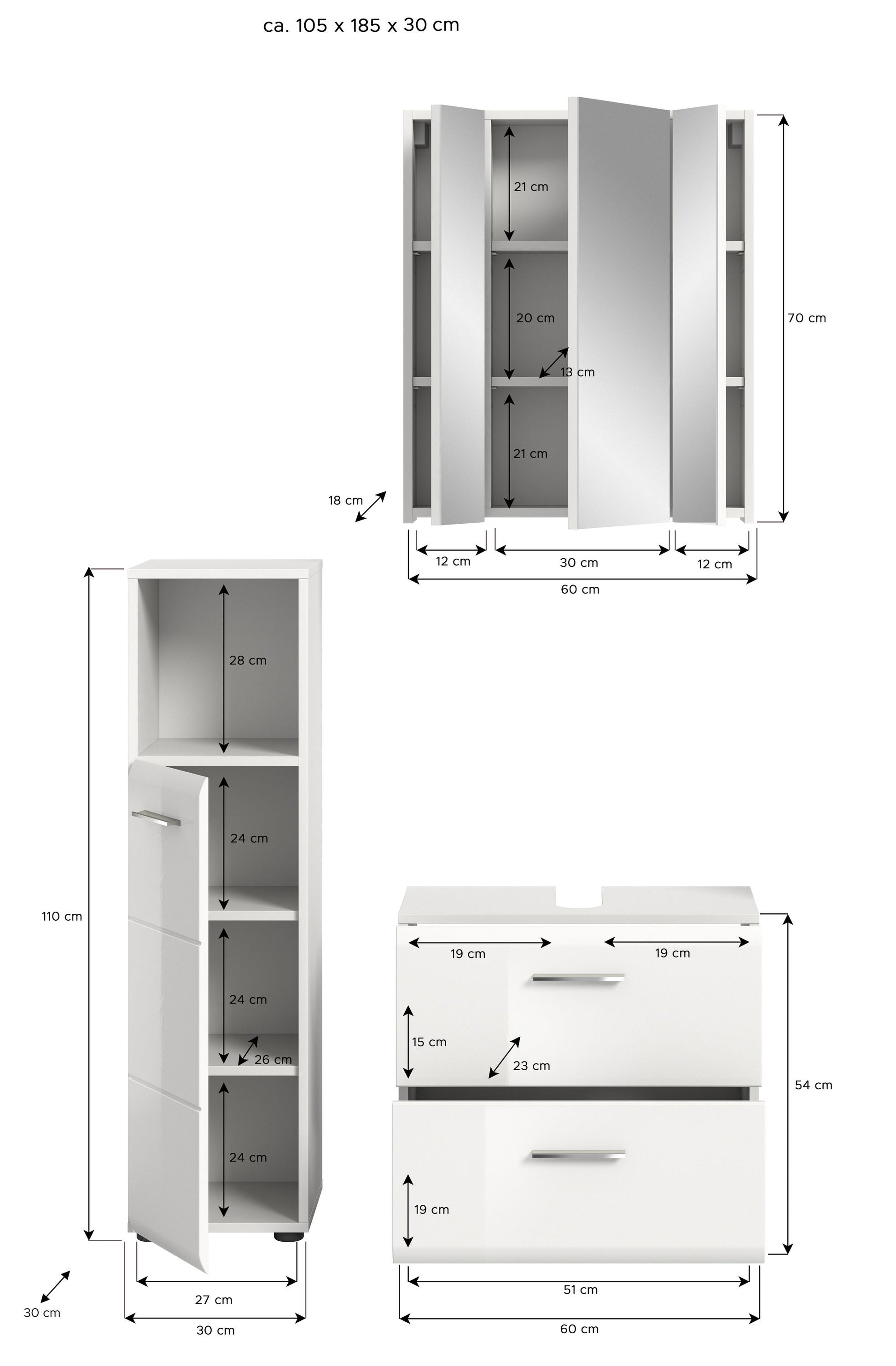 Badmöbel-Set, technische Zeichnung: Spiegelschrank, Hochschrank und Waschtischunterschrank