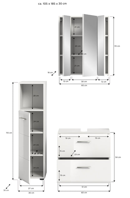 Badmöbel-Set, technische Zeichnung: Spiegelschrank, Hochschrank und Waschtischunterschrank