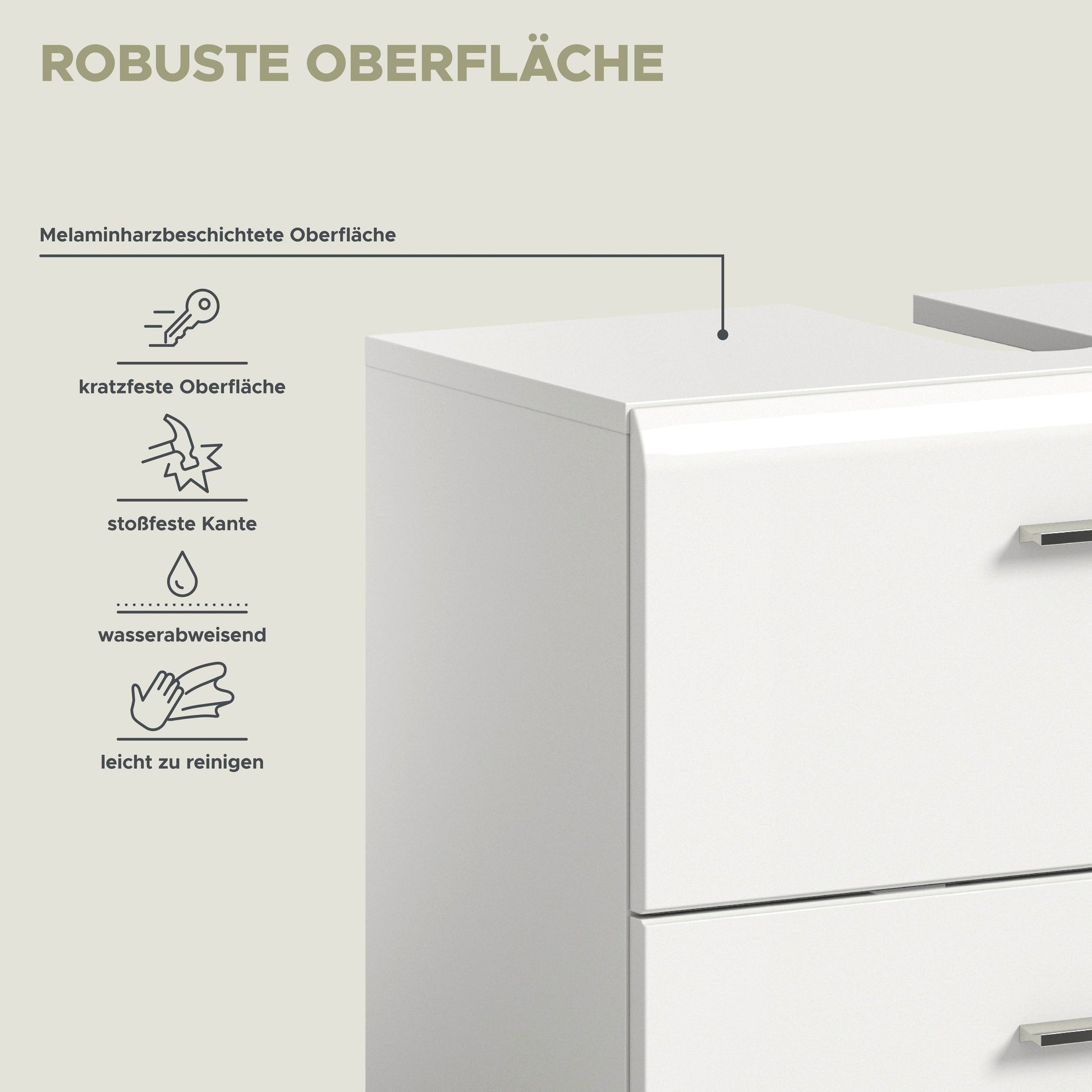 Badmöbel-Set mit robuster, pflegeleichter melaminharzbeschichteter Oberfläche