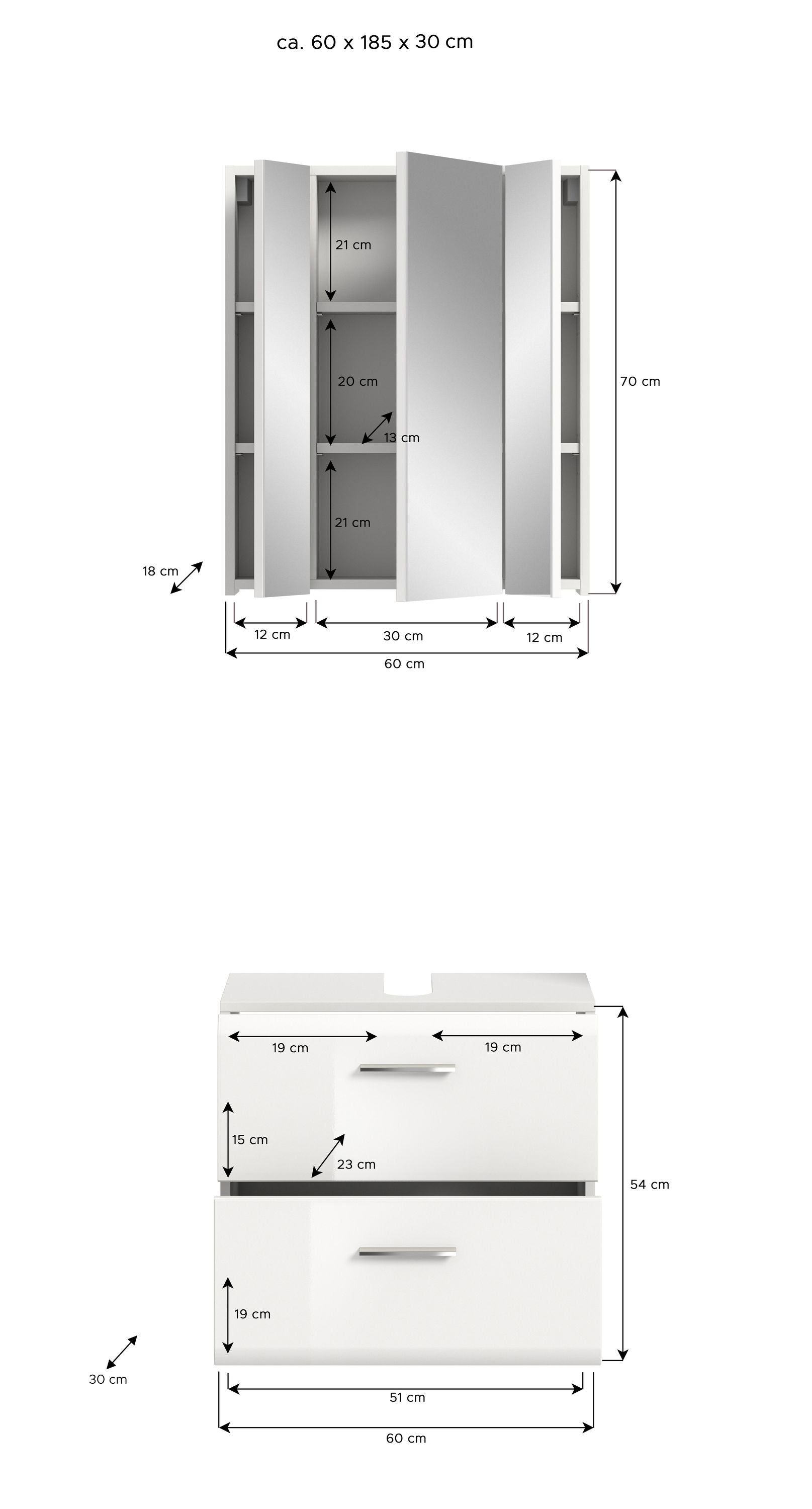 Badmöbel-Set im Maßbild: Waschtischschrank mit zwei Schubladen, weiß