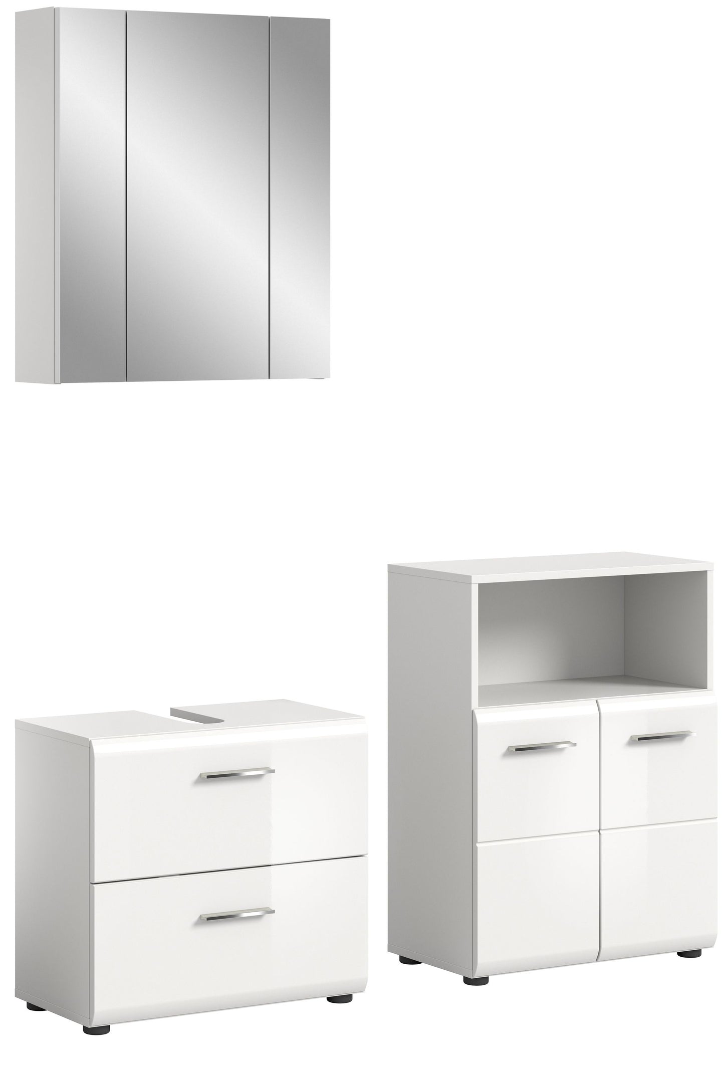 Badezimmer-Set mit spiegelndem Unterschrank und zwei Türen, weiß