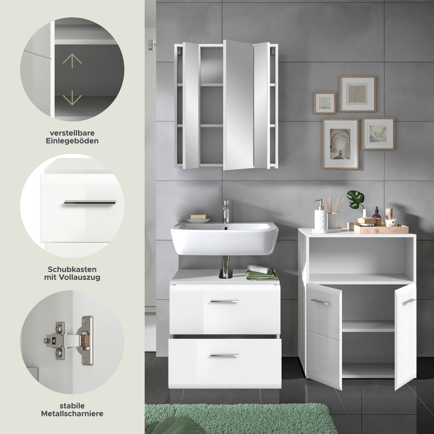 Badezimmer-Set, weiß: Hochschrank mit Einlegeböden und Waschkommode