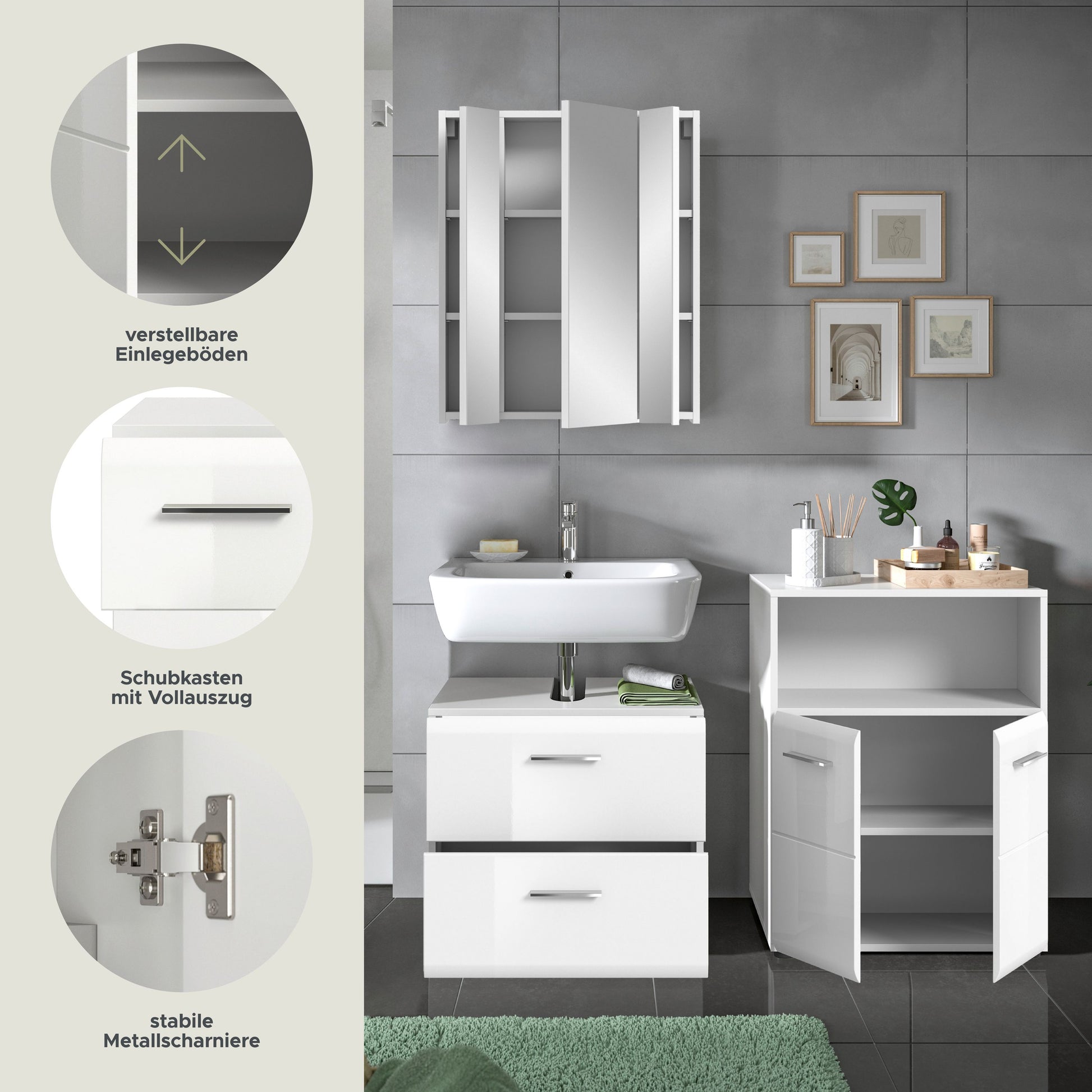 Badezimmer-Set, weiß: Hochschrank mit Einlegeböden und Waschkommode