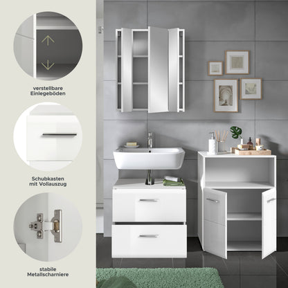 Badezimmer-Set, weiß: Hochschrank mit Einlegeböden und Waschkommode