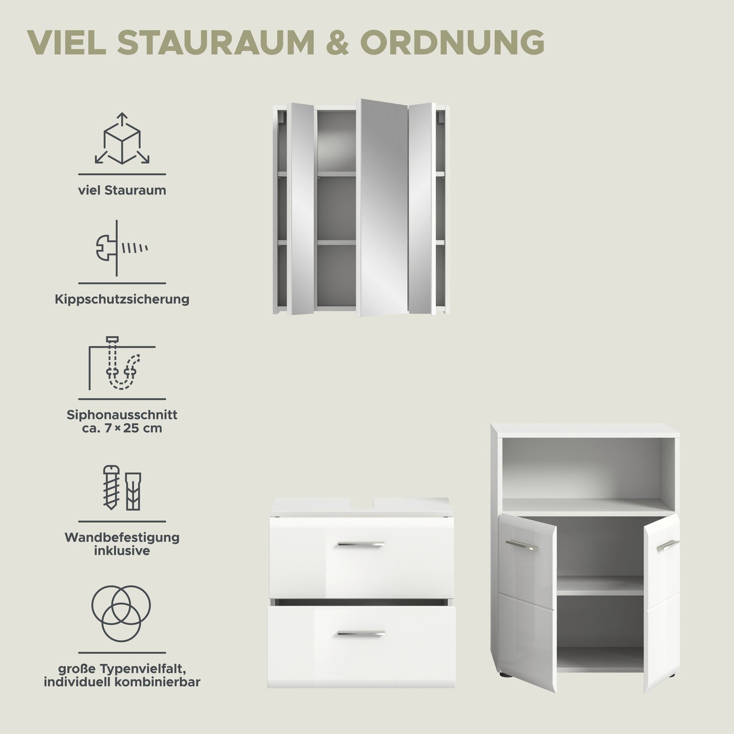 Badezimmermöbel-Set, weiß: Spiegelschrank und Waschkommode mit Ablagefach