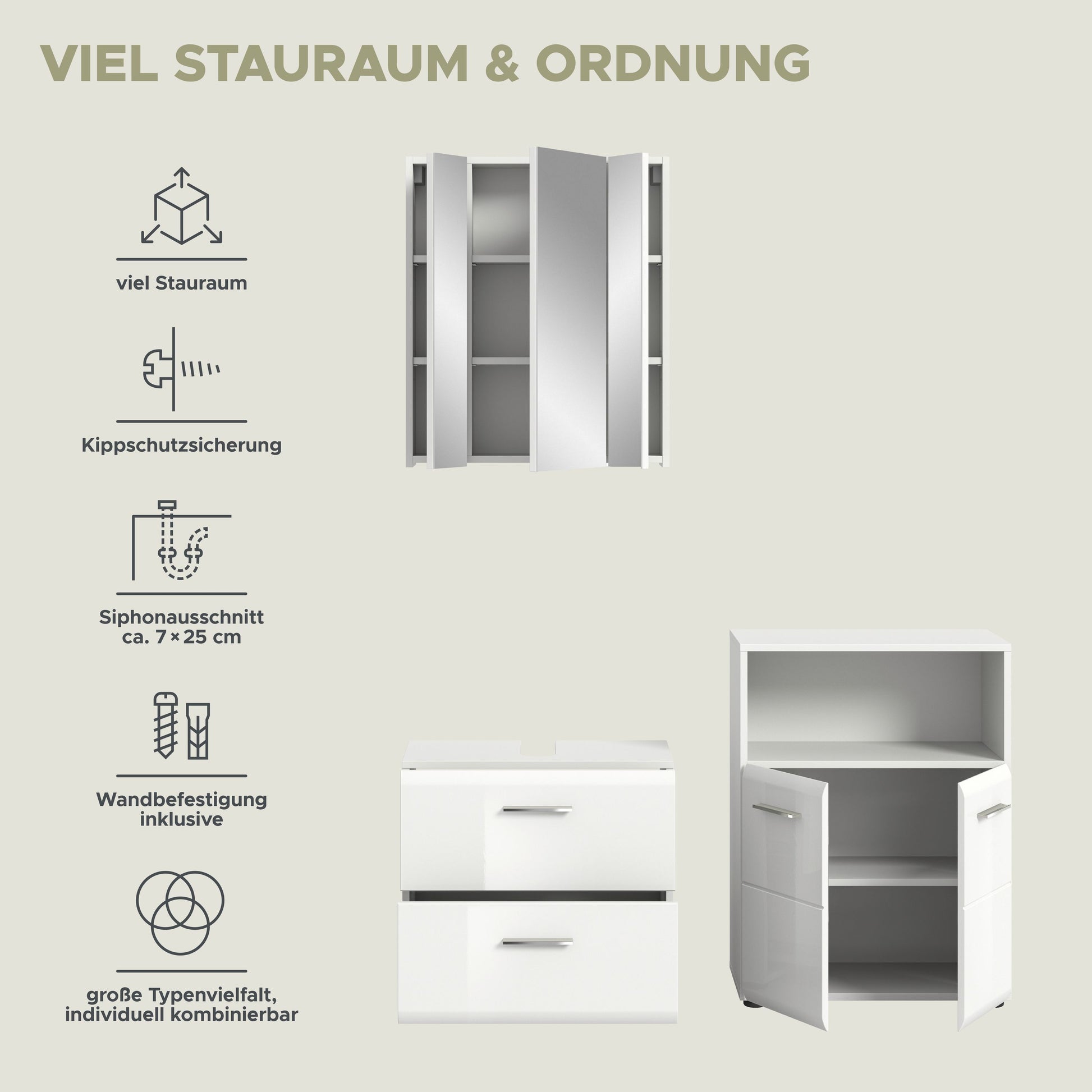 Badezimmermöbel-Set, weiß: Spiegelschrank und Waschkommode mit Ablagefach